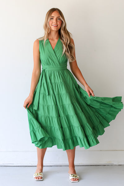 green Tiered Wrap Midi Dress on model