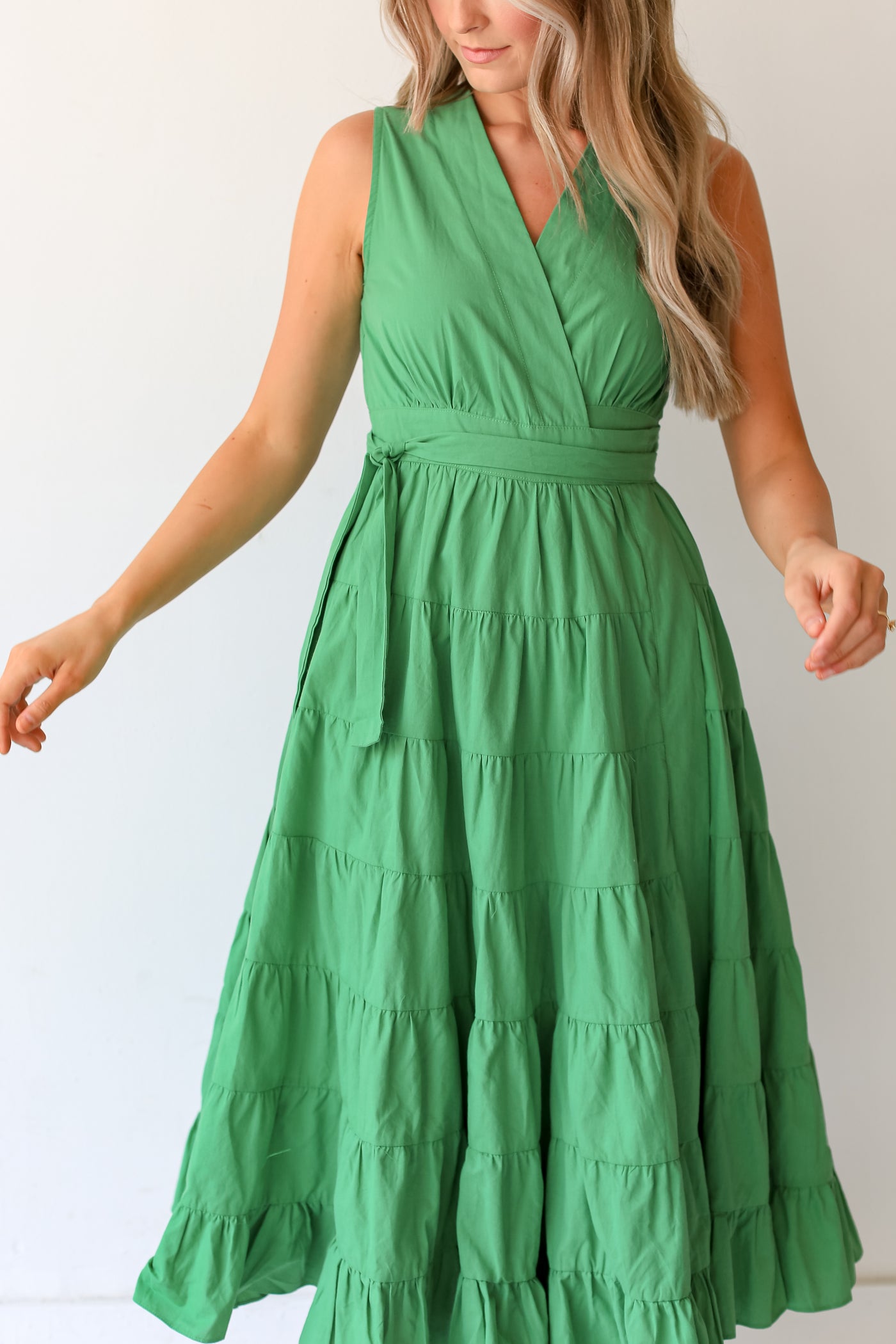 green Tiered Wrap Midi Dress close up