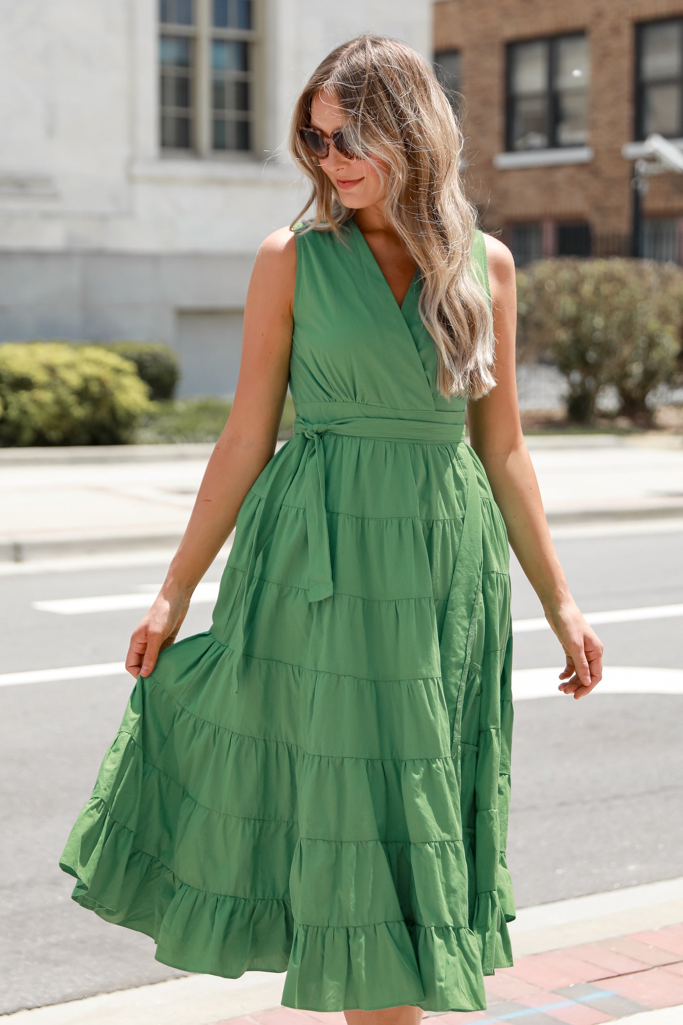 green Tiered Wrap Midi Dress