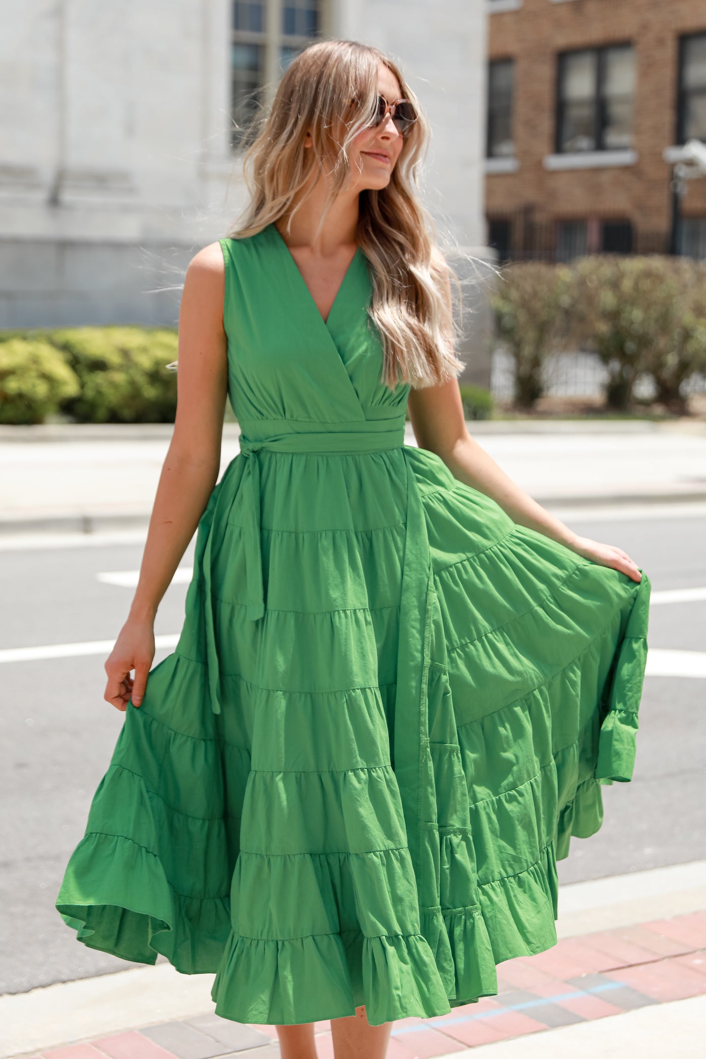 green Tiered Wrap Midi Dress on model