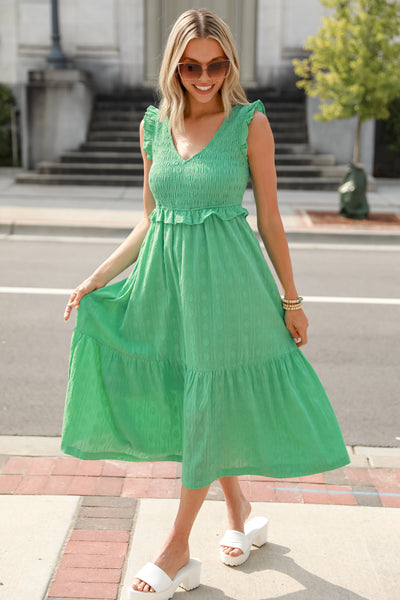 green Smocked Midi Dress