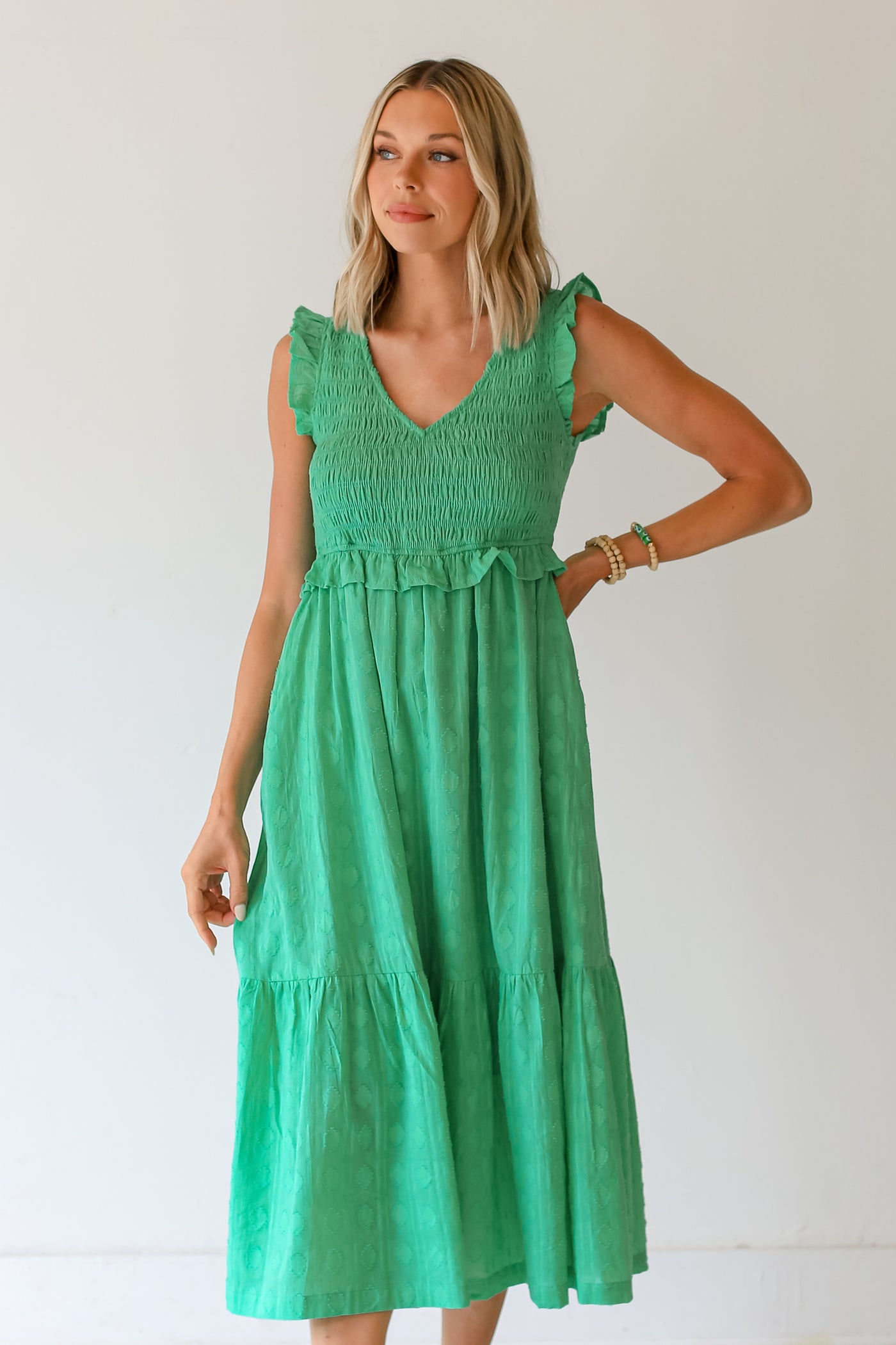 green Smocked Midi Dress front view