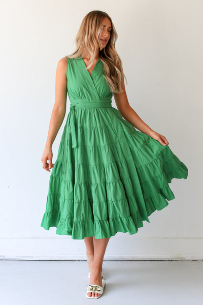 green Tiered Wrap Midi Dress front view