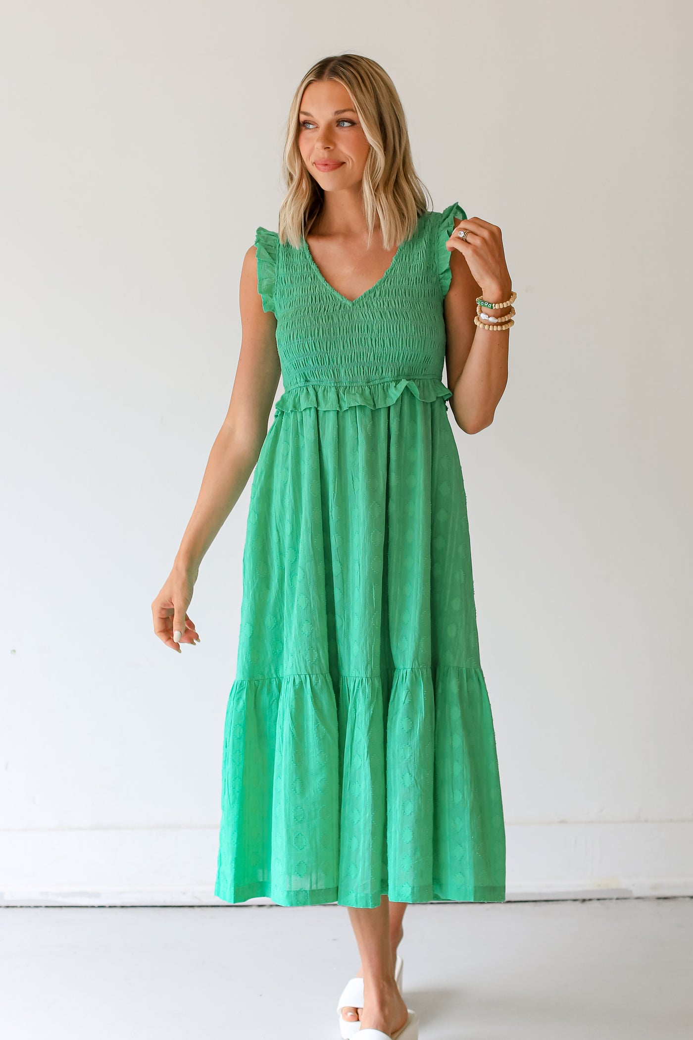 green Smocked Midi Dress on dress up model