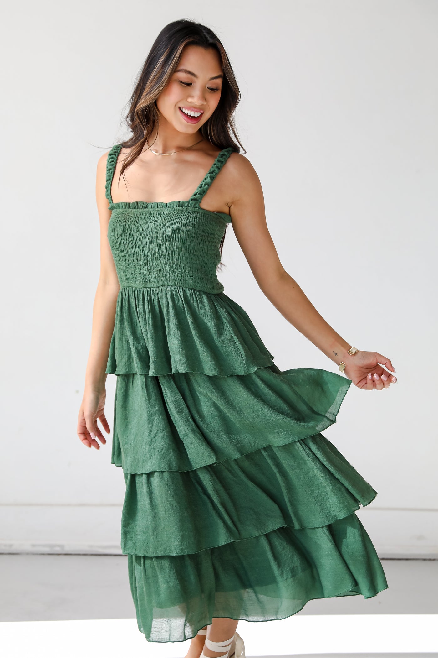 Precious Appearance Green Tiered Midi Dress smocked dresses