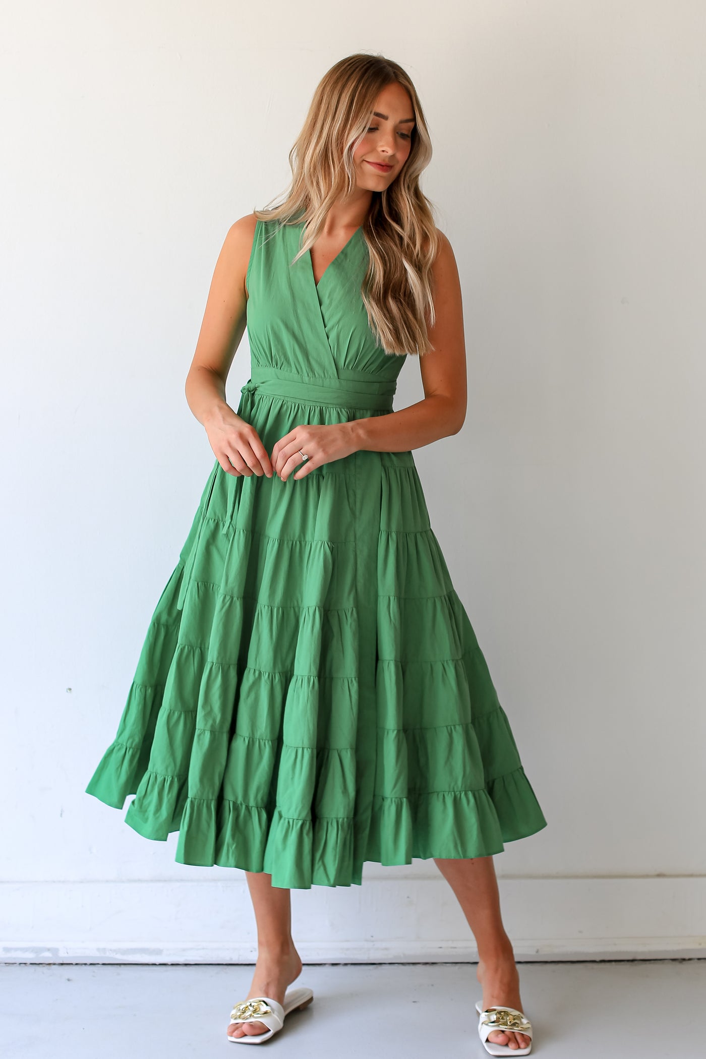 green Tiered Wrap Midi Dress front view