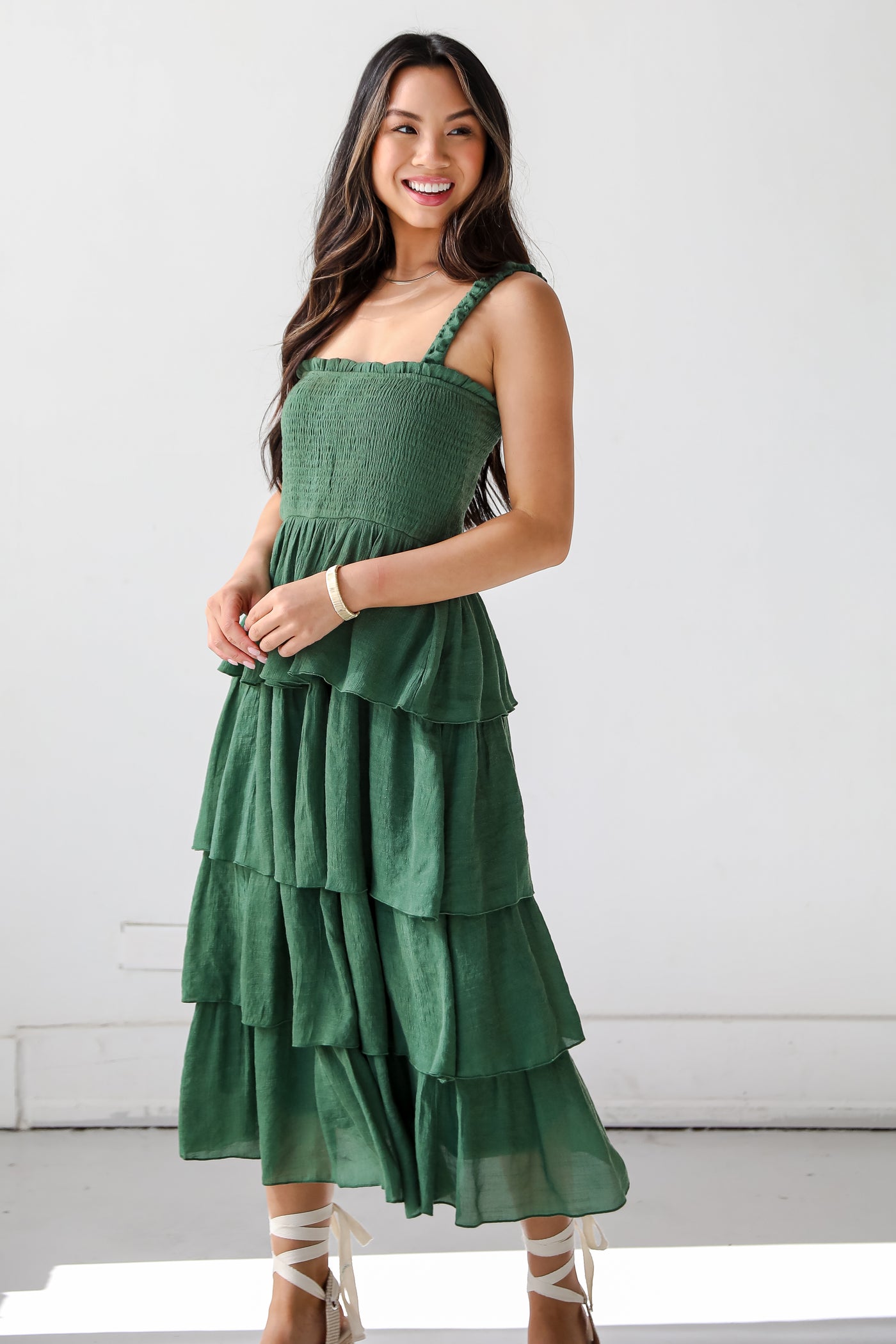 Precious Appearance Green Tiered Midi Dress wedding guest dress