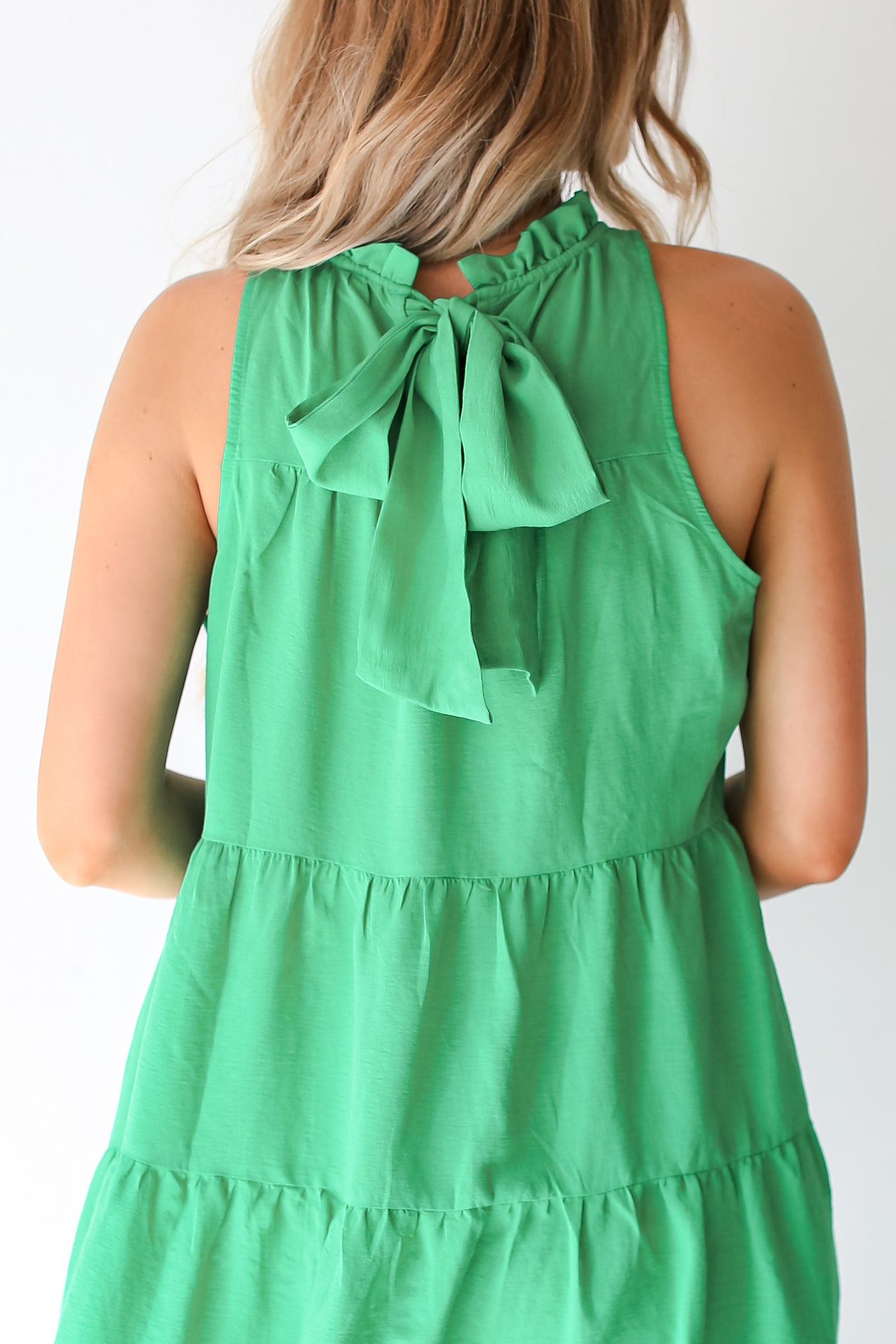 green Tiered Mini Dress back view close up