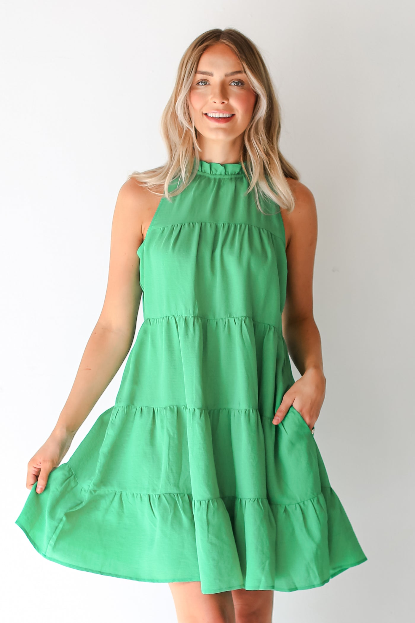 green Tiered Mini Dress on dress up model