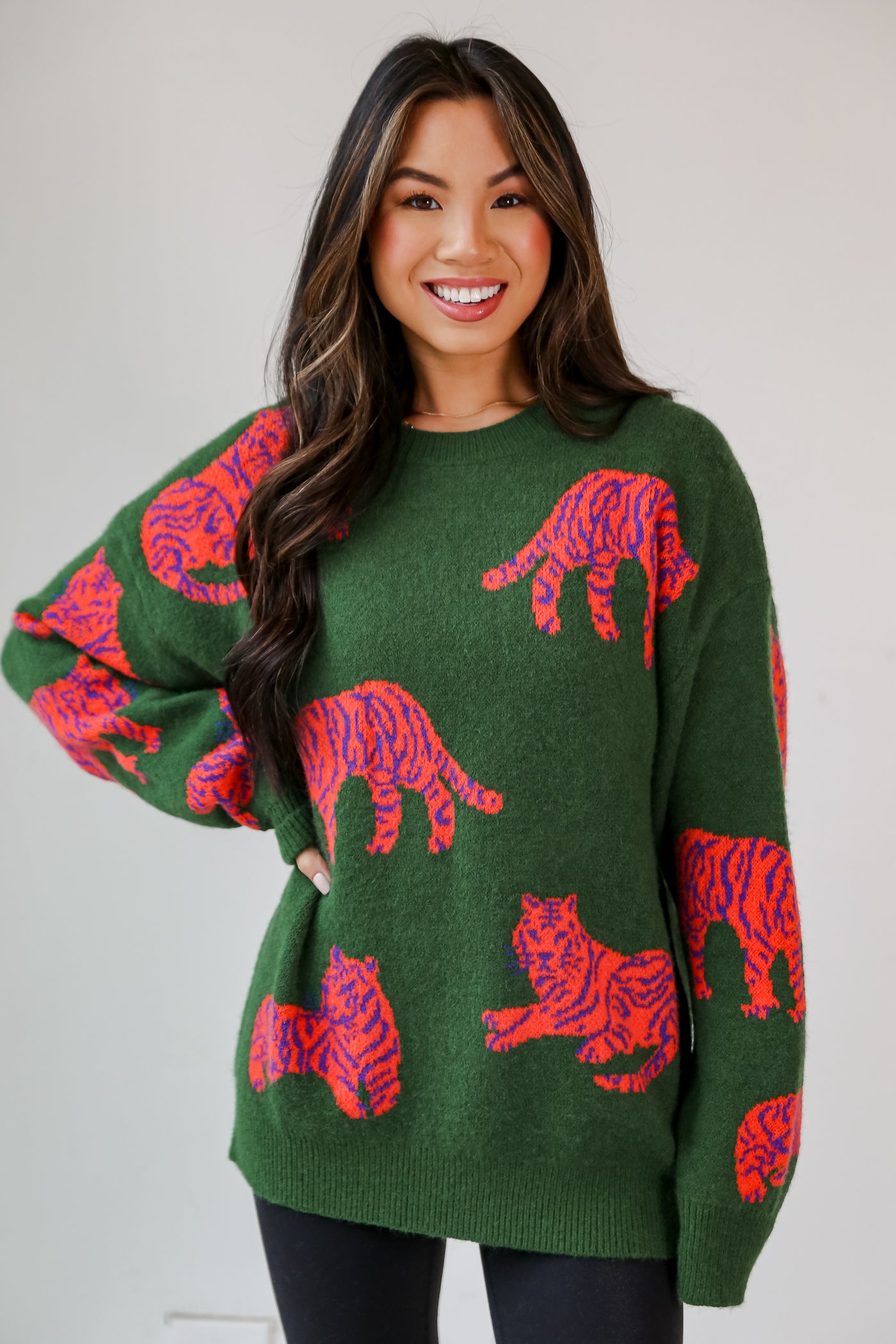 Kelly Green Tiger Oversized Sweater on model