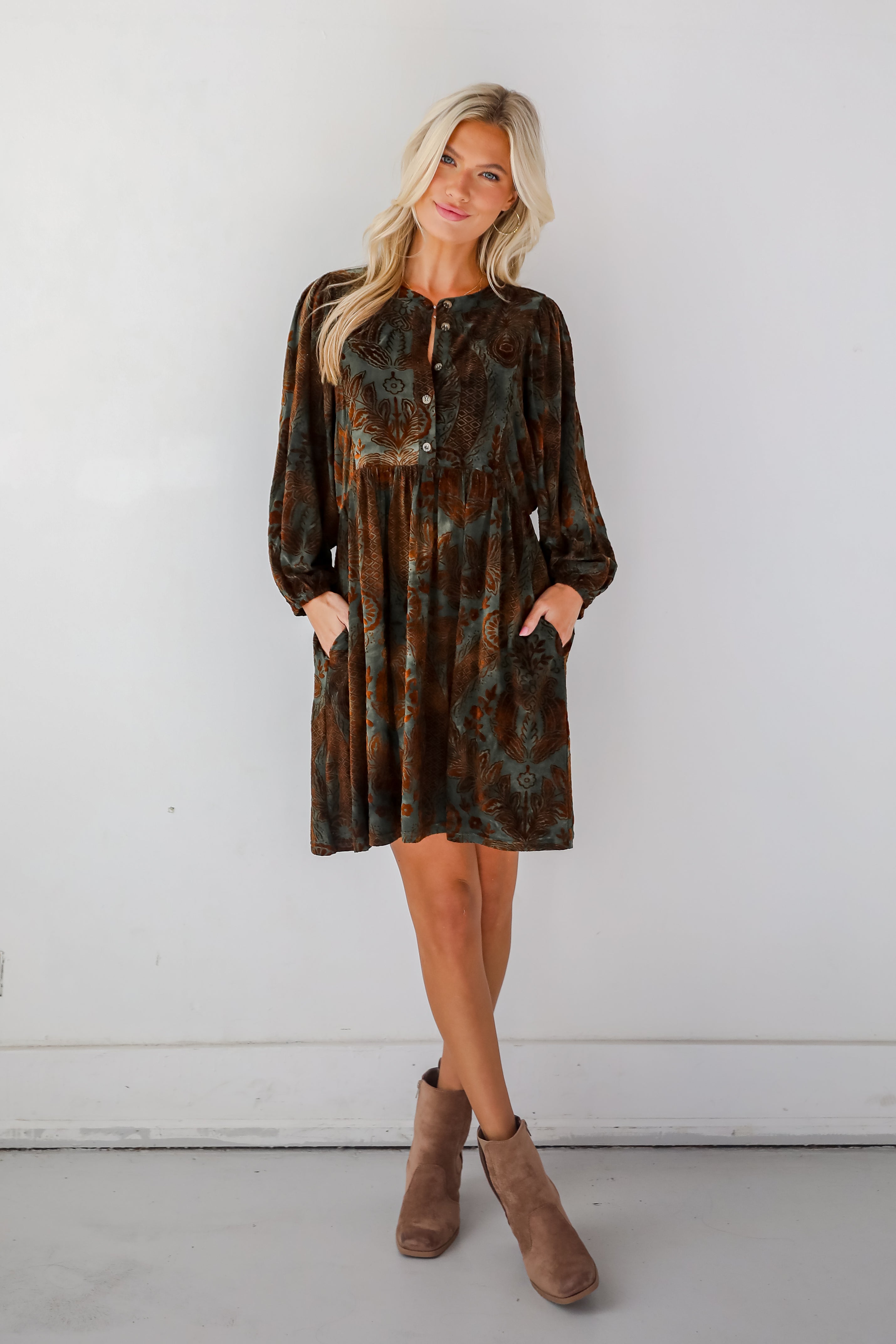 Gorgeous Whimsy Dark Green Velvet Floral Mini Dress