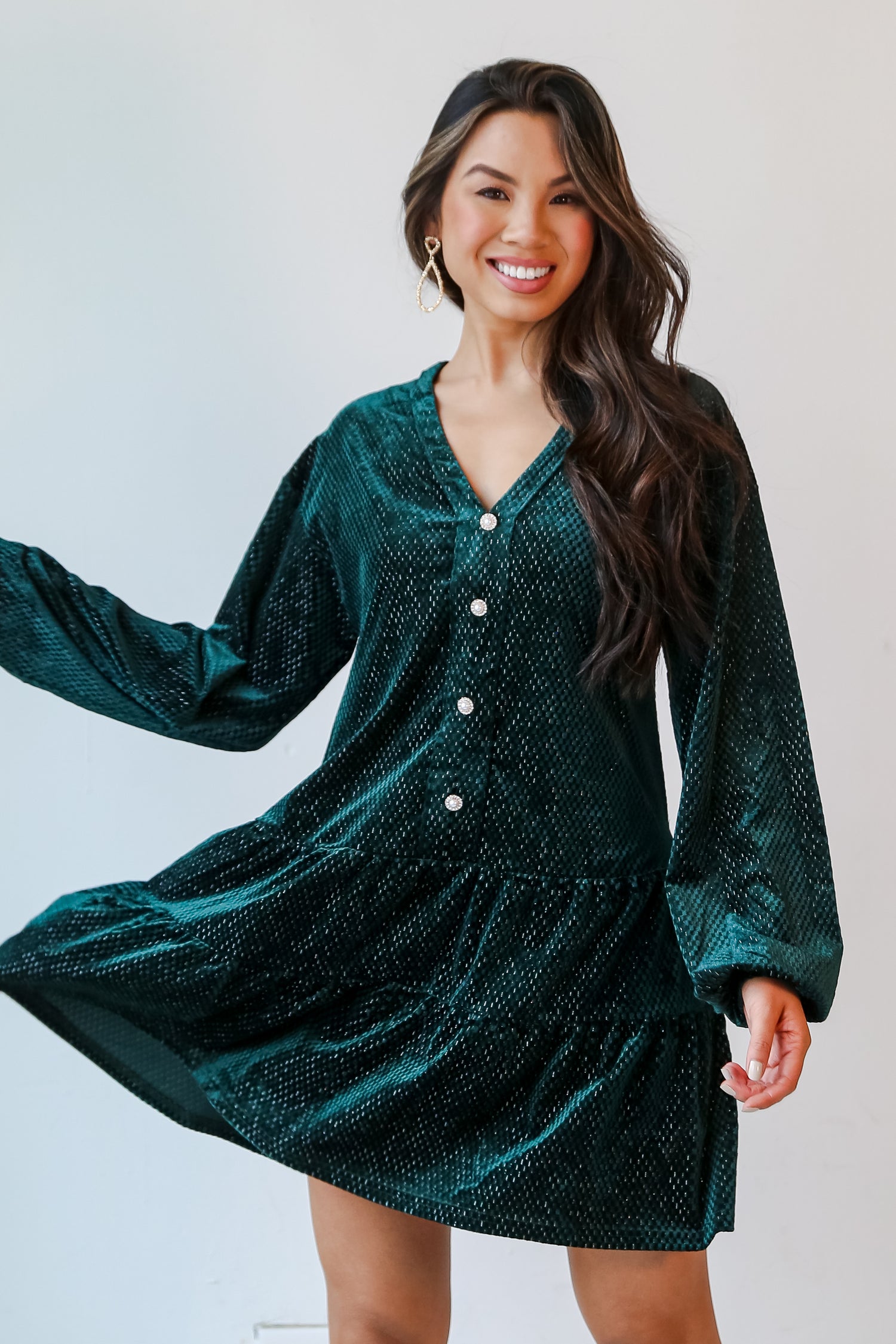 Hunter Green Velvet Mini Dress on dress up model