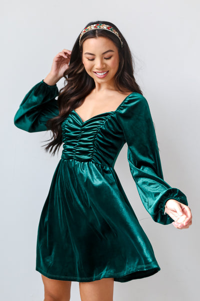 Hunter Green Velvet Mini Dress on model