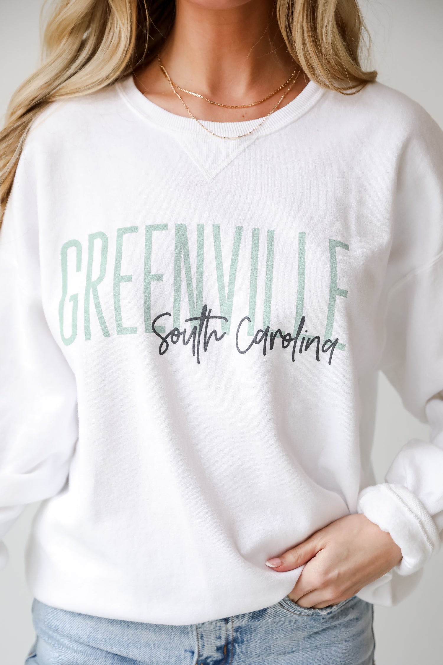 White Greenville South Carolina Script Sweatshirt close up