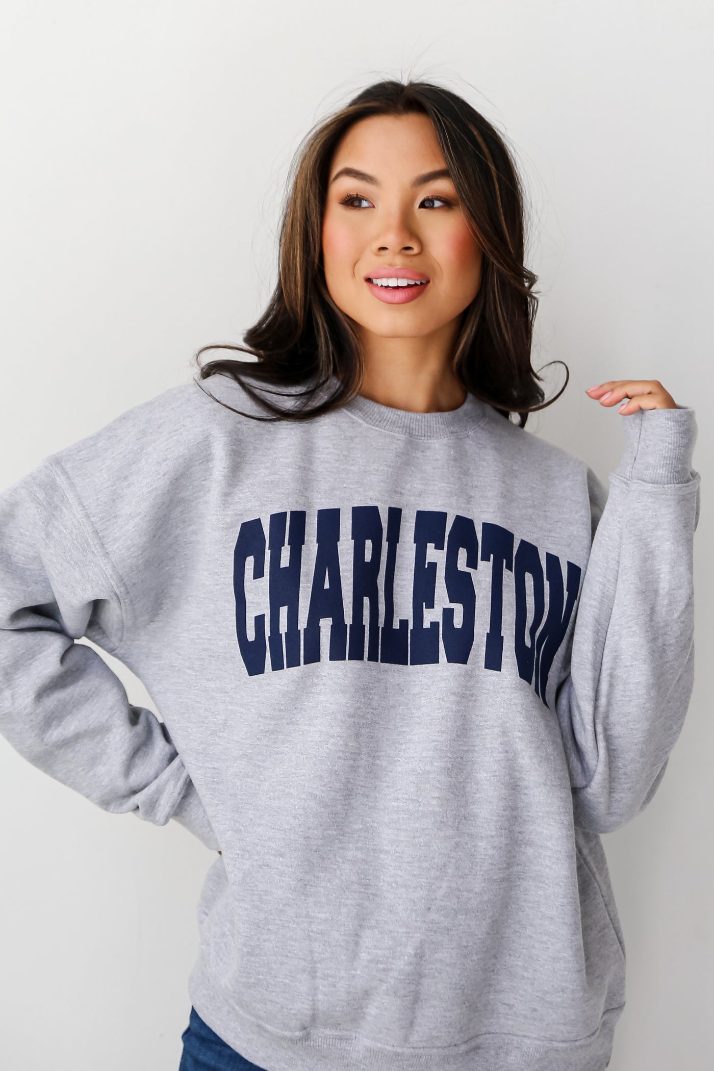 Heather Grey Charleston Sweatshirt on dress up model