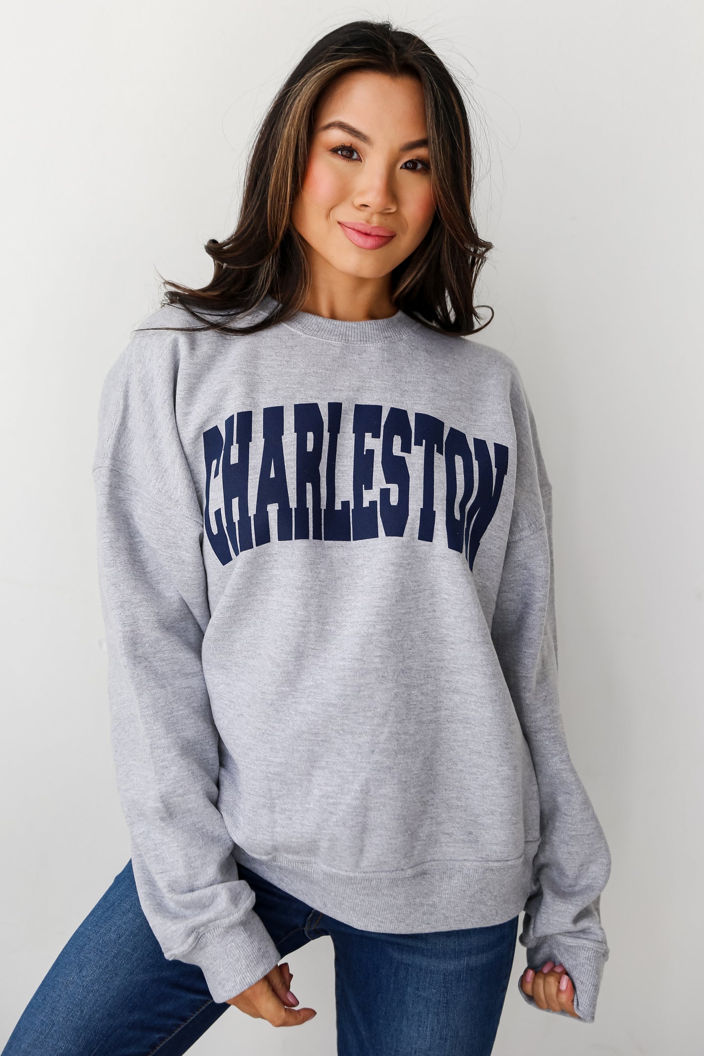 Heather Grey Charleston Sweatshirt on model