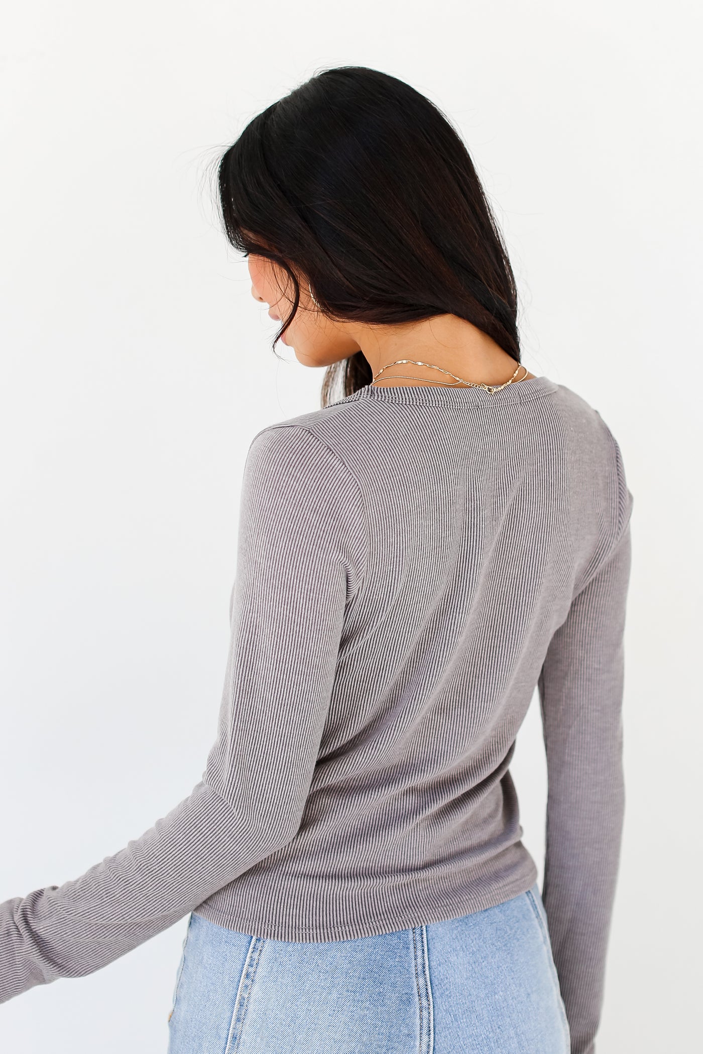 basic long sleeve Grey Corded Top back view