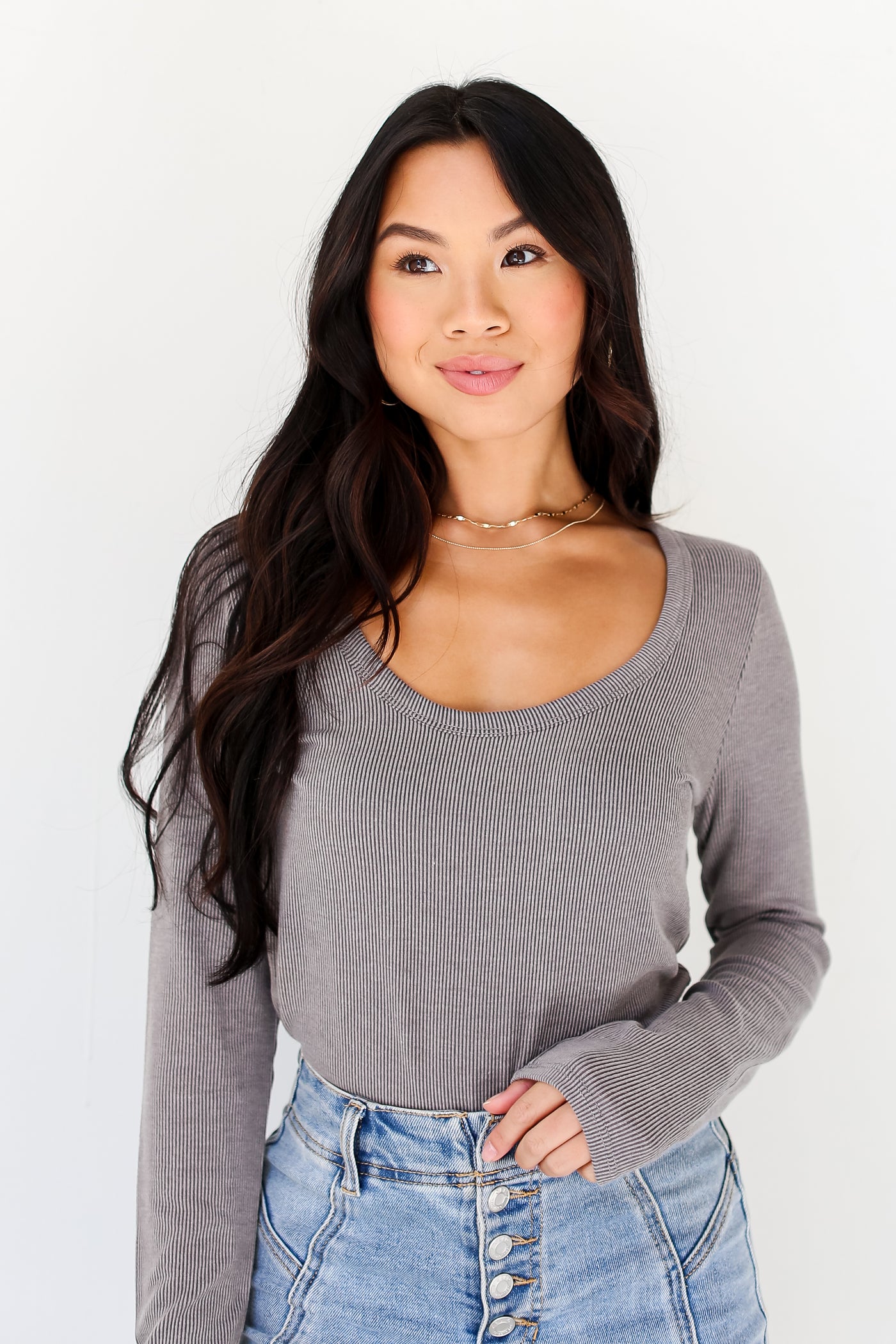 basic long sleeve Grey Corded Top front view on model