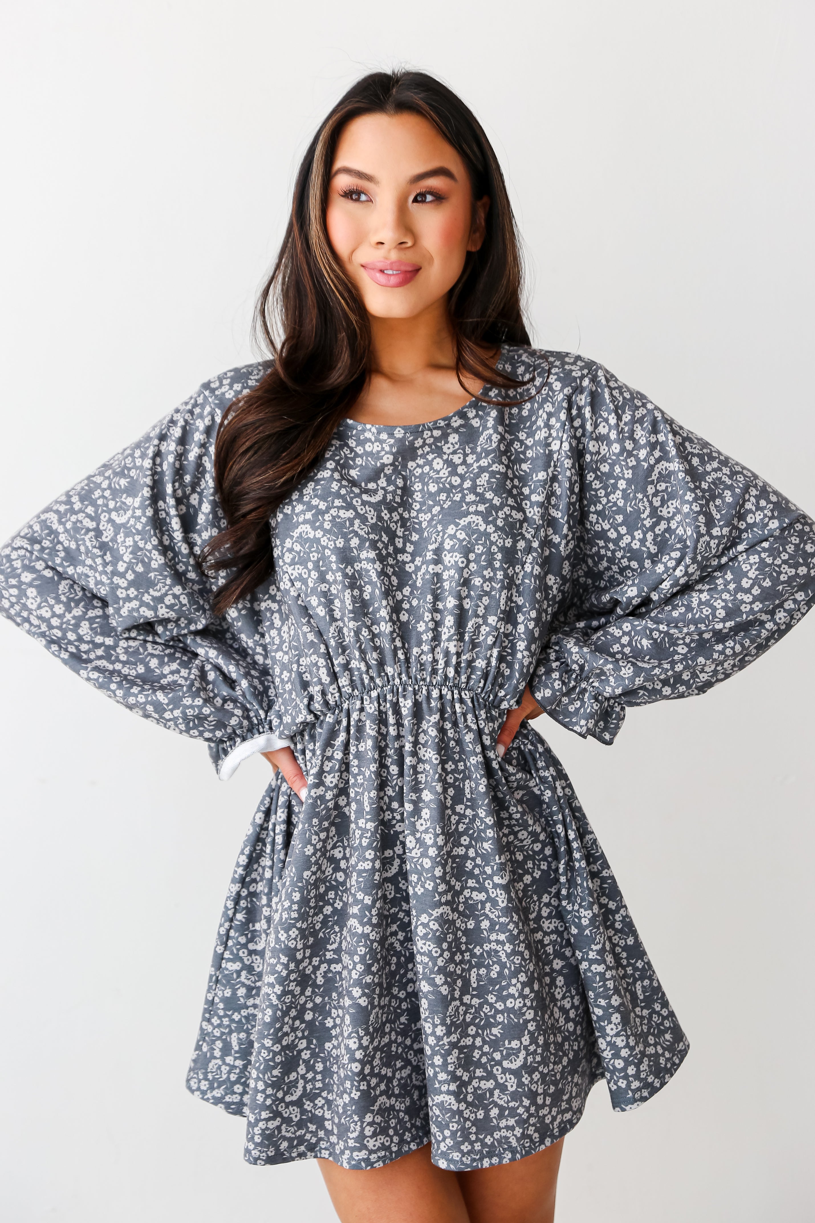 Cute Grey Floral Babydoll Mini Dress | Floral Dresses | Dress Up