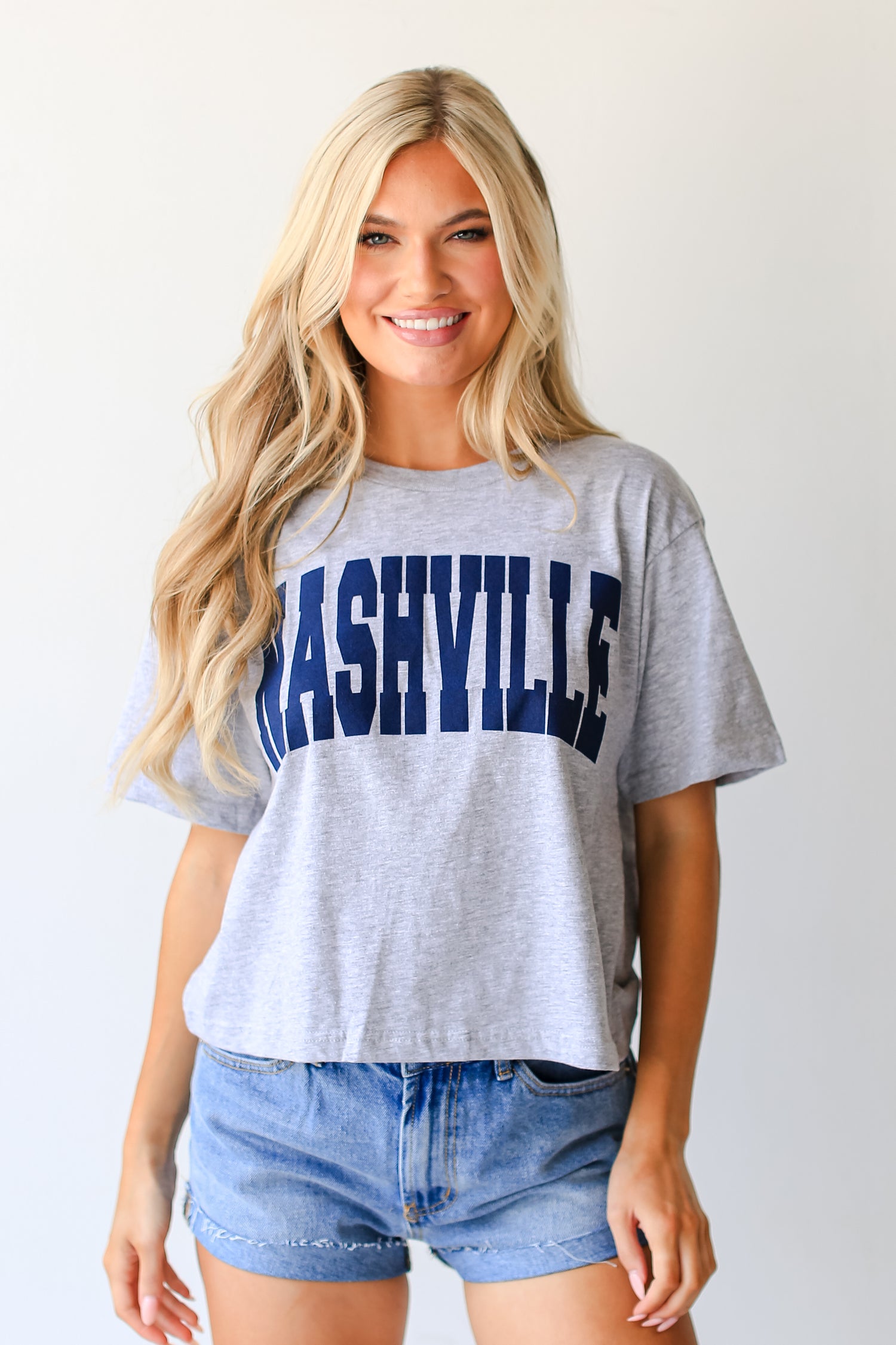 Heather Grey Nashville Cropped Tee on model