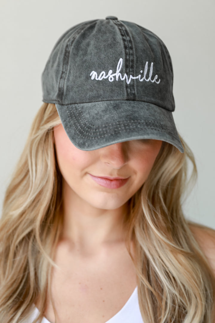 black Nashville Script Embroidered Hat