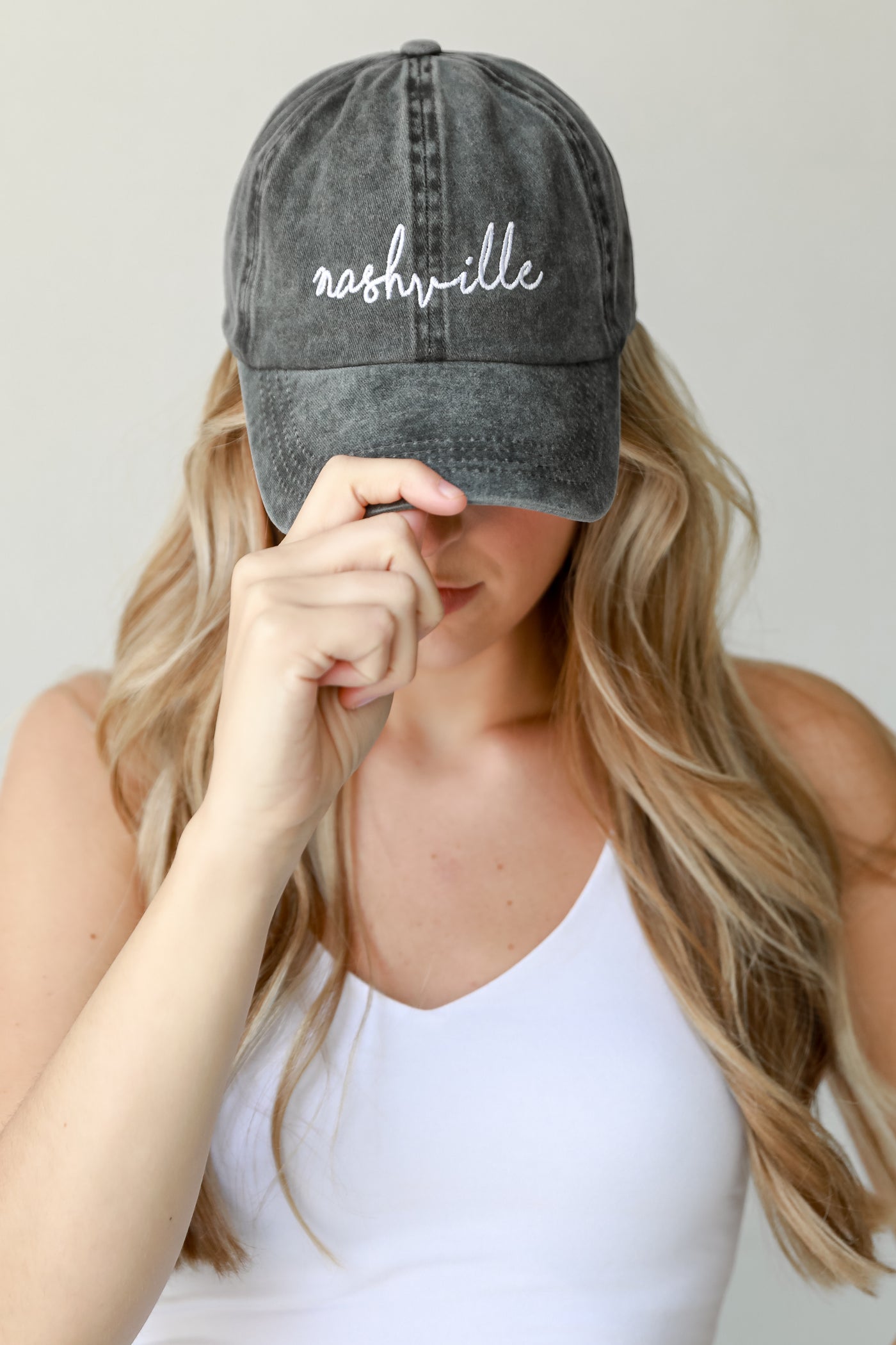 black Nashville Script Embroidered Hat front view