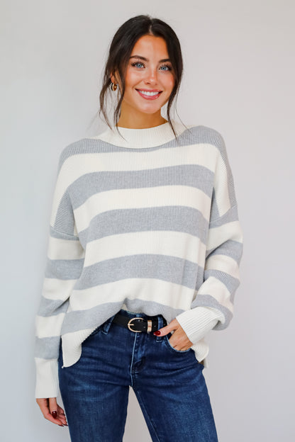 Coveted Coziness Heather Grey Oversized Striped Sweater