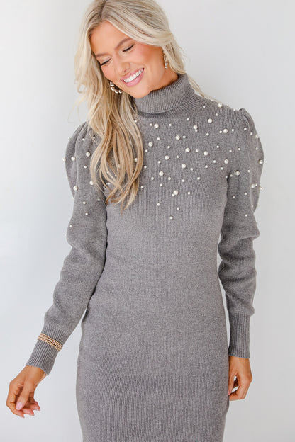 Ravishing Poise Grey Pearl Mini Sweater Dress