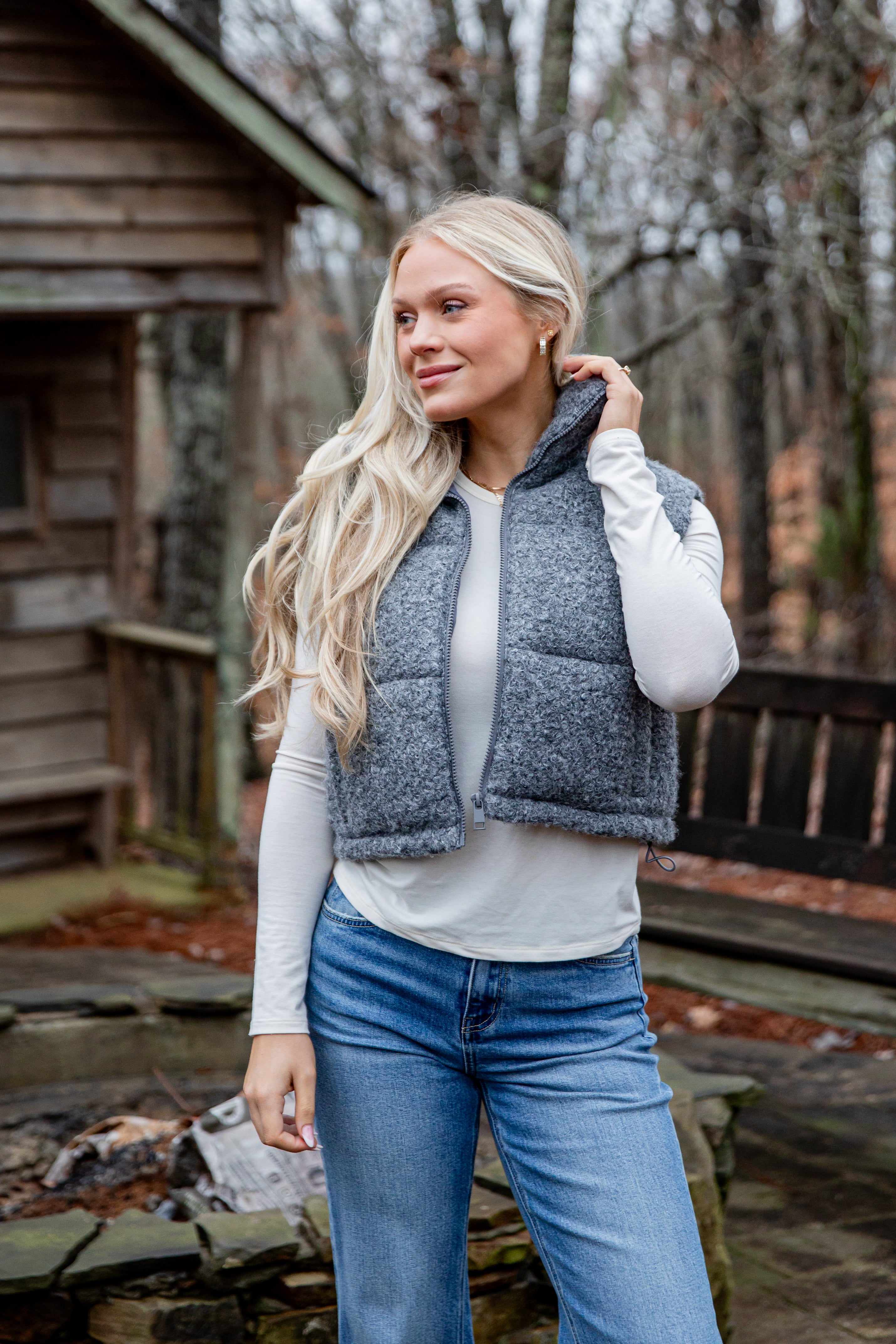 Driftwood Grey Teddy Puffer Vest | Trendy Women Outerwear | Dress Up