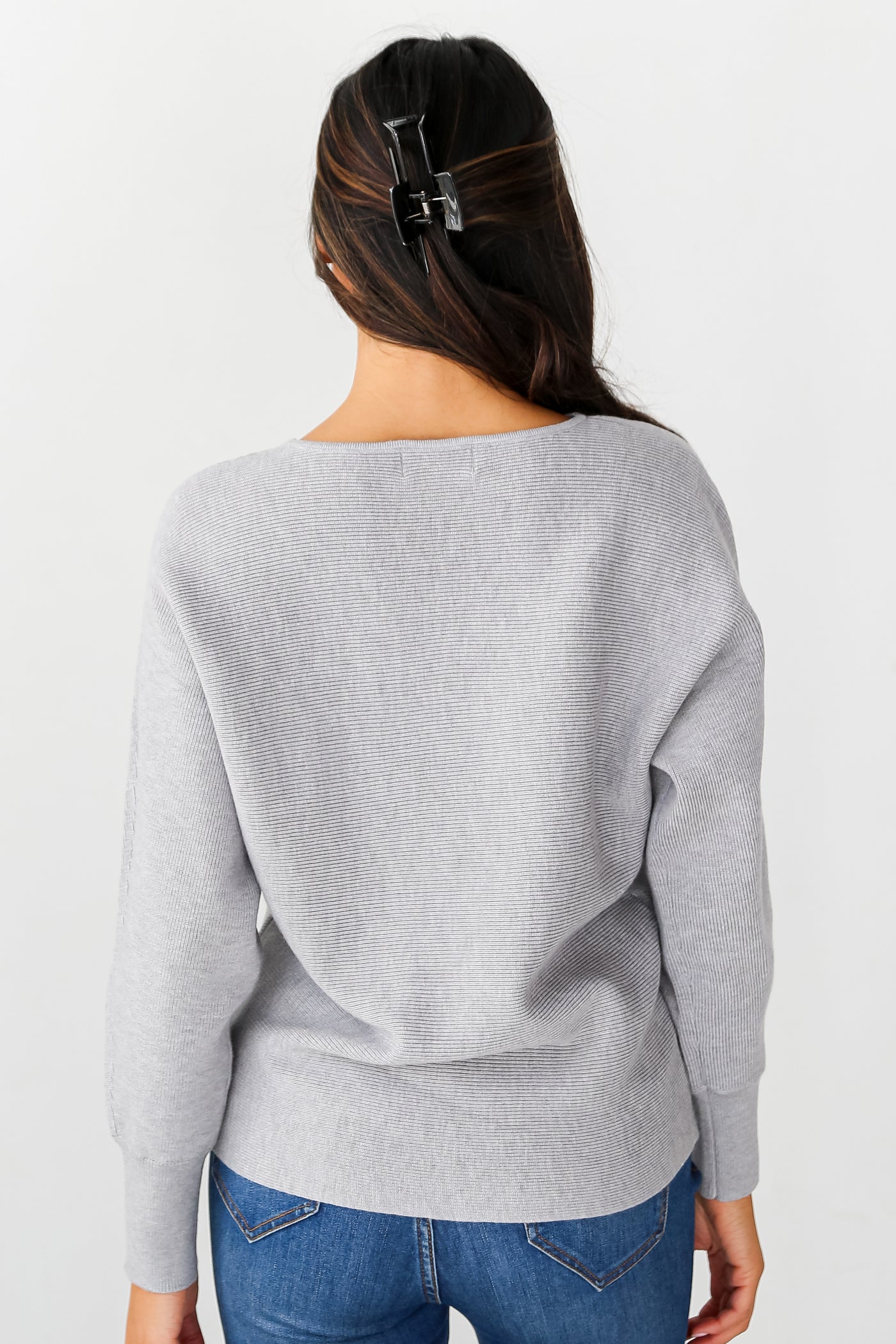 Heather Grey Ribbed Knit Sweater back view