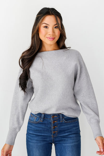 Heather Grey Ribbed Knit Sweater on model