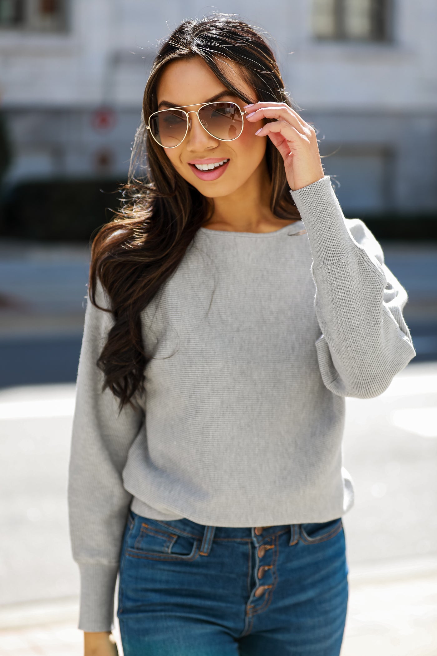 Heather Grey Ribbed Knit Sweater on model