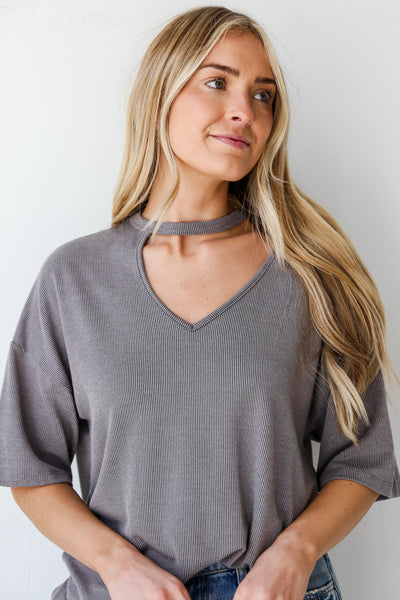 Grey Ribbed Cutout Tee for women