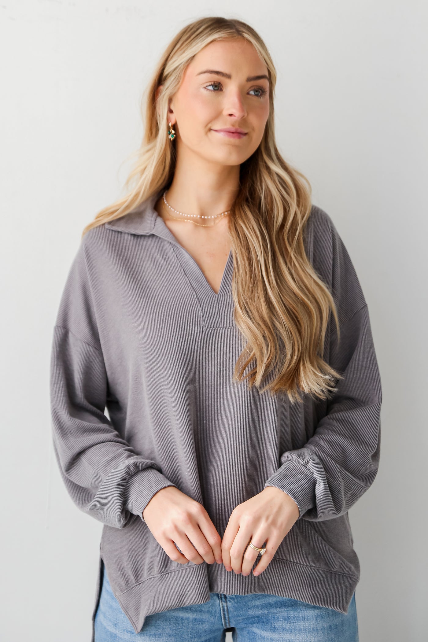 oversized grey Corded Collared Pullover
