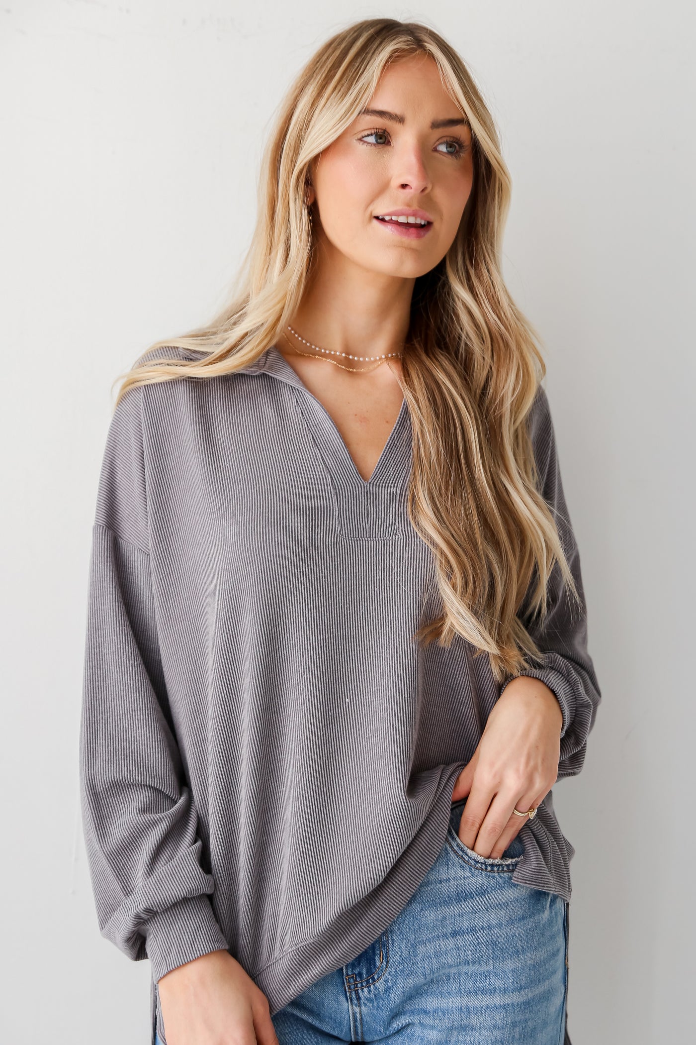 grey Corded Collared Pullover front view