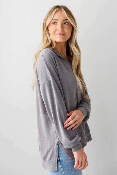 grey Corded Collared Pullover for women
