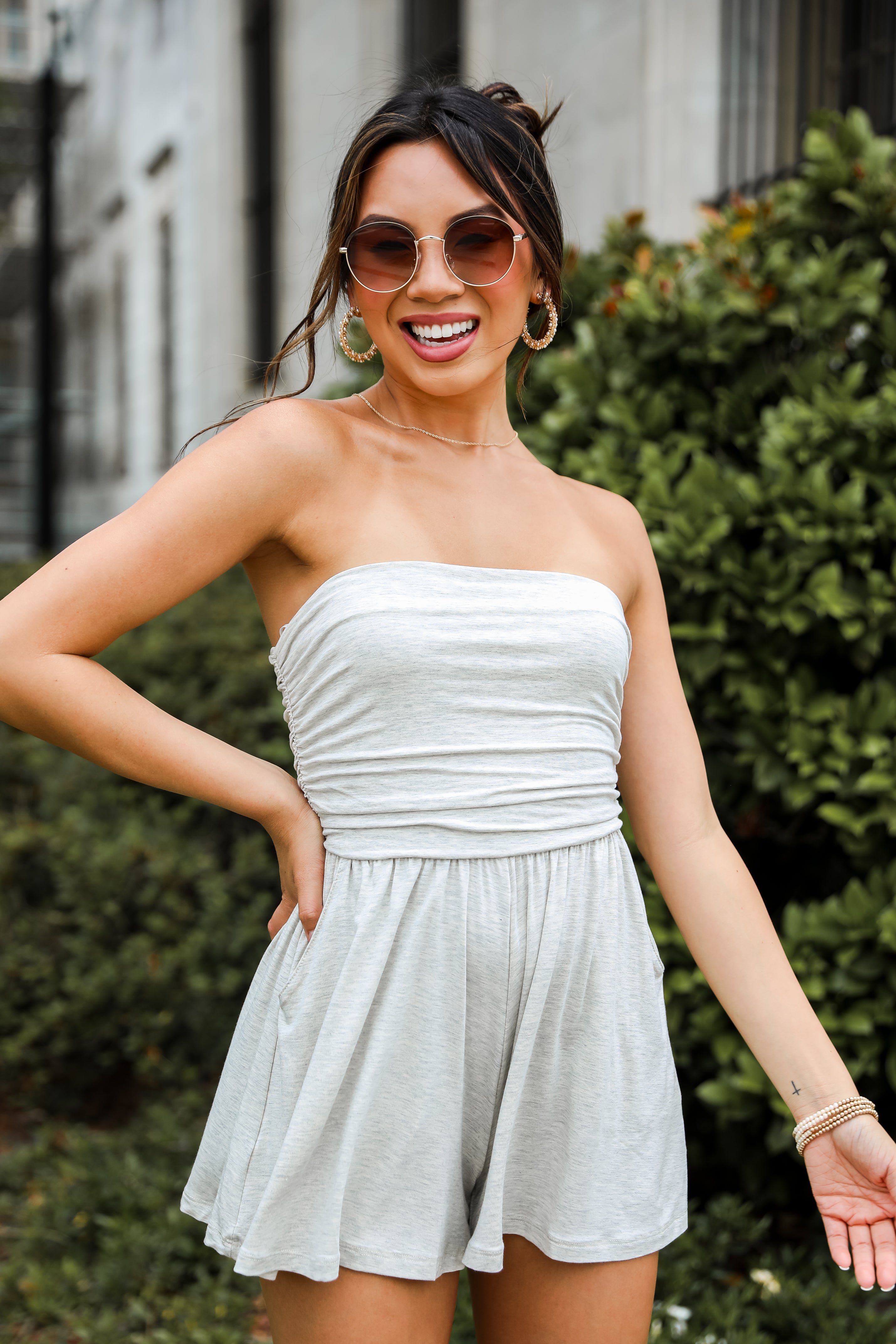 Casual Heather Grey Strapless Romper Cute Rompers DressUp Dress Up