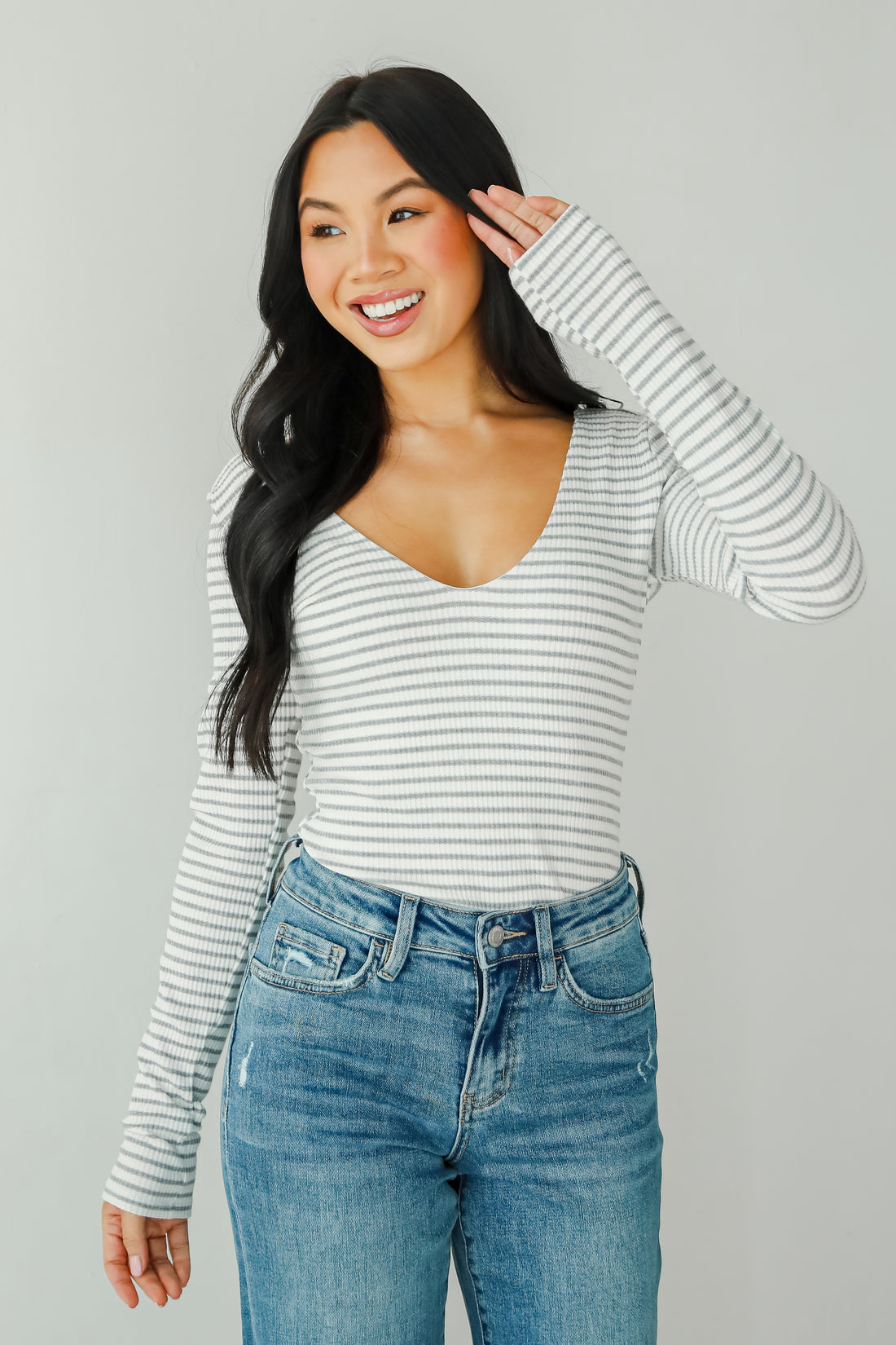 Sweetened Attitude Grey/White Striped Bodysuit