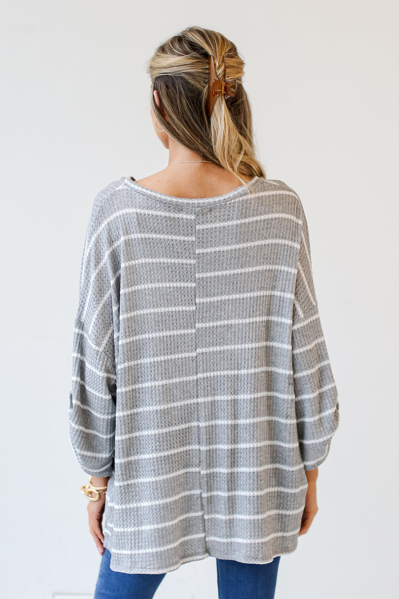 grey Striped Lightweight Knit Top back view