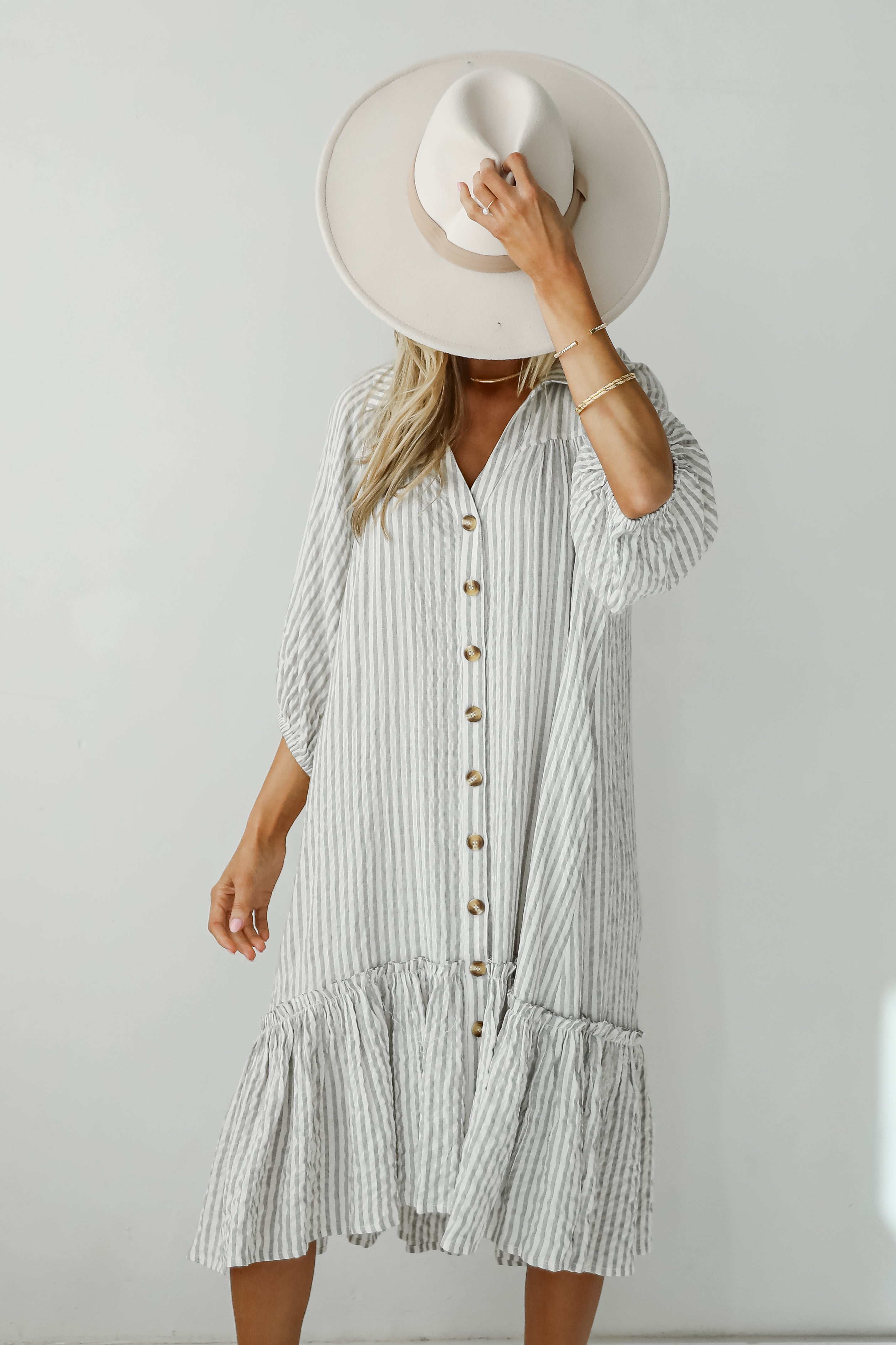 Prettiest Invite Grey Striped Seersucker Midi Dress