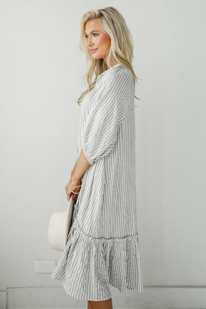 Prettiest Invite Grey Striped Seersucker Midi Dress