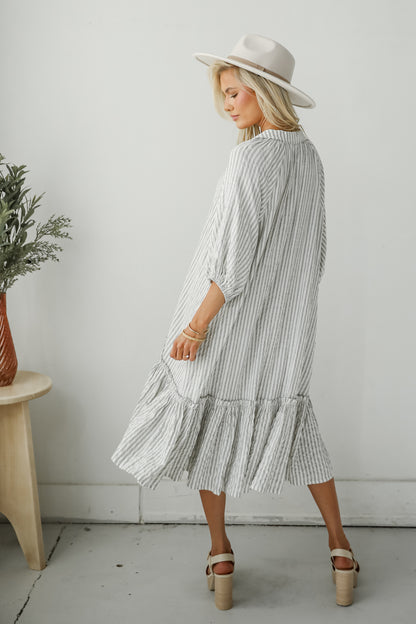 Prettiest Invite Grey Striped Seersucker Midi Dress