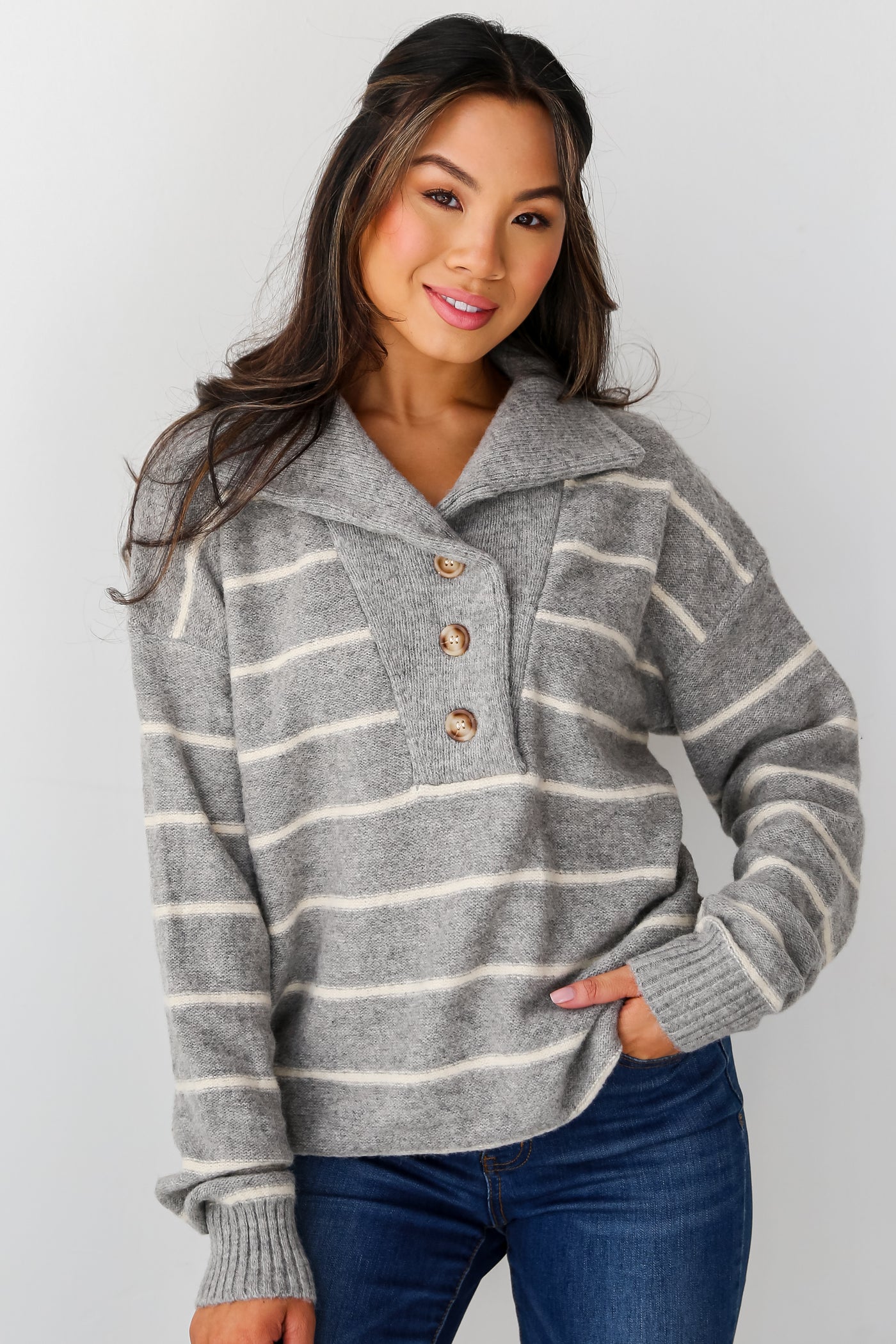 Heather Grey Striped Collared Oversized Sweater front view