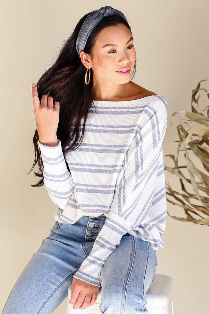 grey Striped Knit Top front view on model