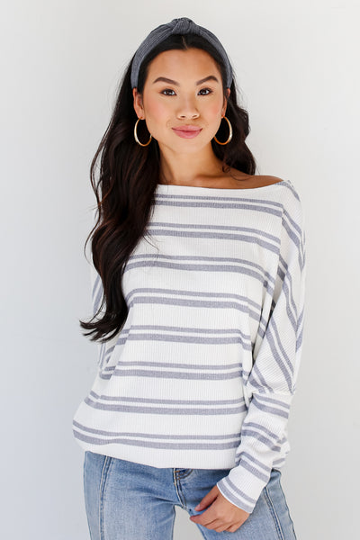 grey Striped Knit Top on dress up model
