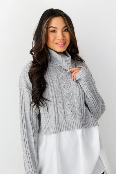 Grey Cable Knit Sweater Blouse on dress up model