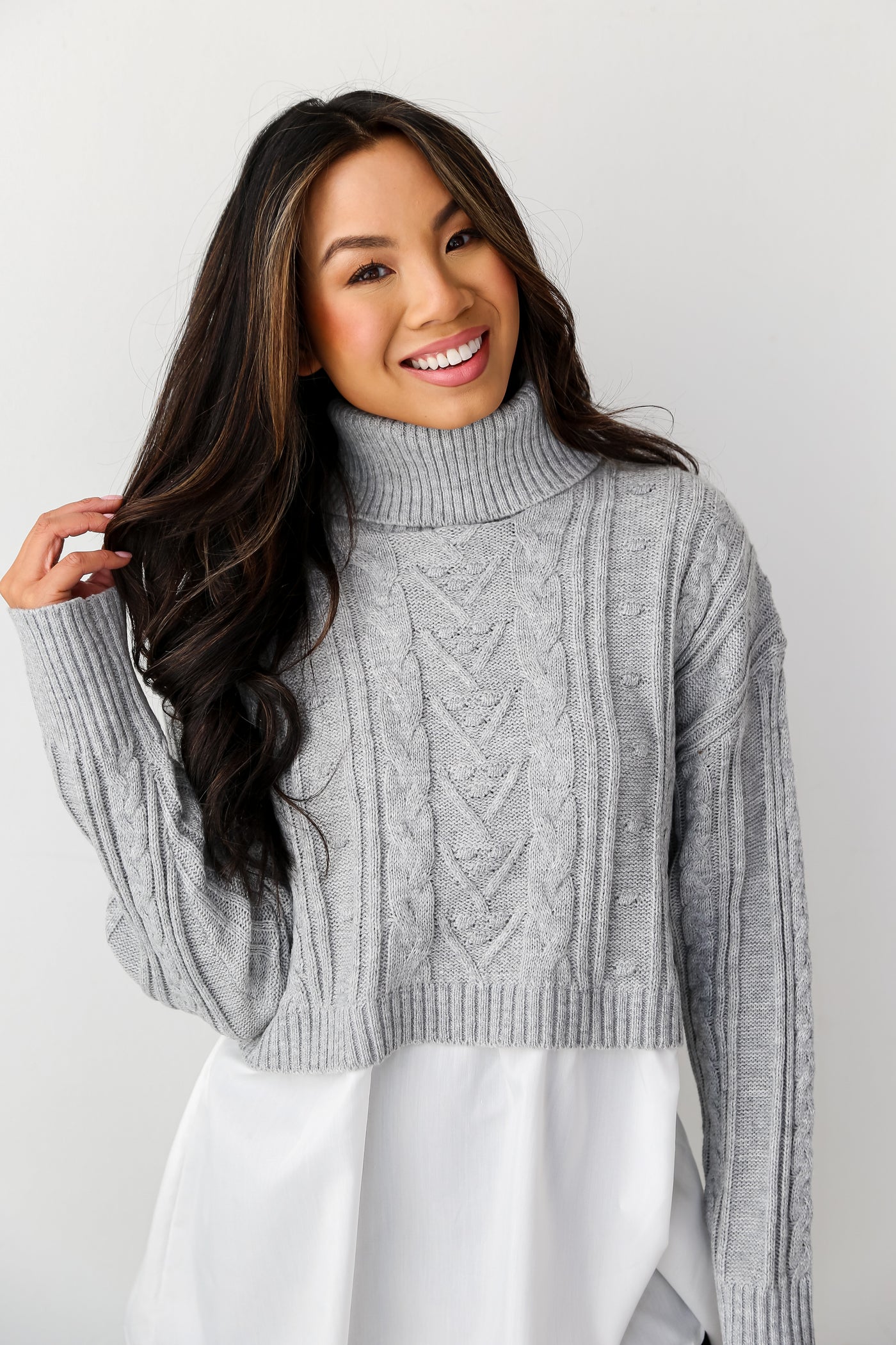 Grey Cable Knit Sweater Blouse front view