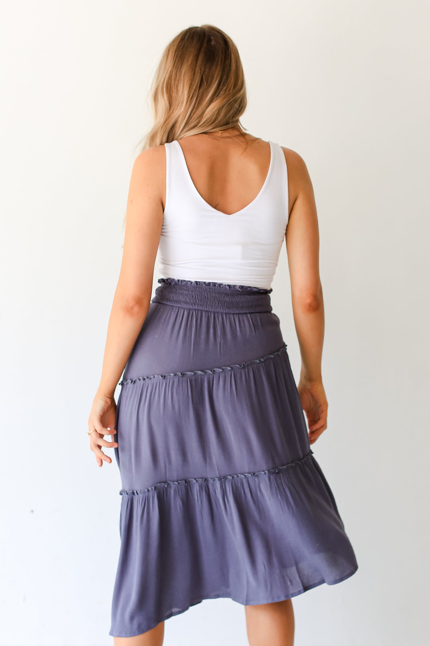 blue Asymmetrical Tiered Midi Skirt back view