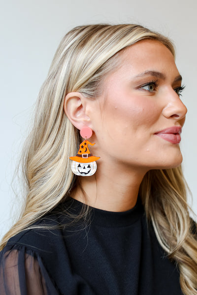 Witch Hat Pumpkin Earrings close up