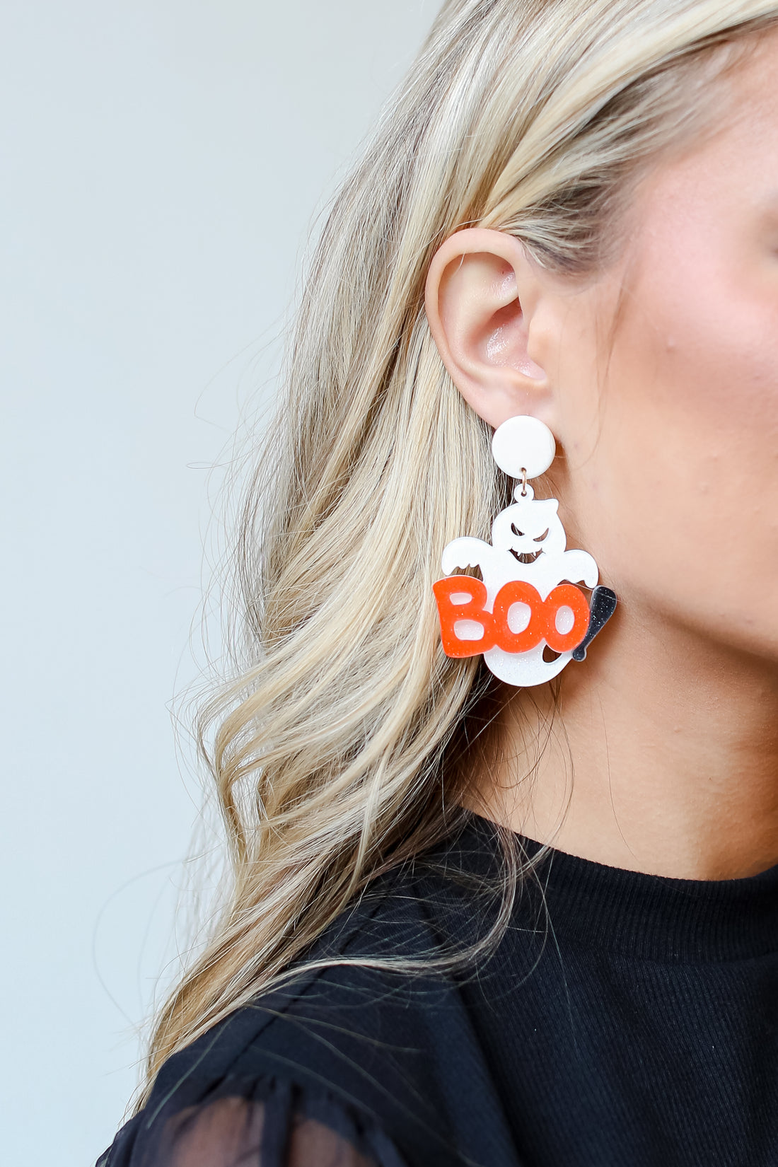 Boo Ghost Earrings on model